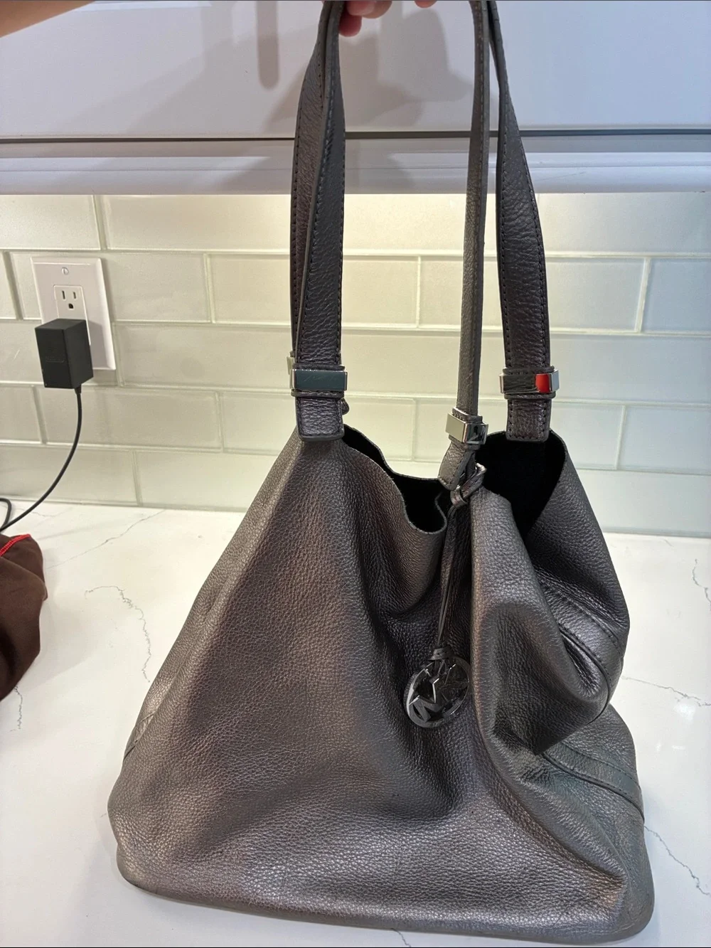 Michael Kors Dark Gray Pebbled Leather Shoulder Bag